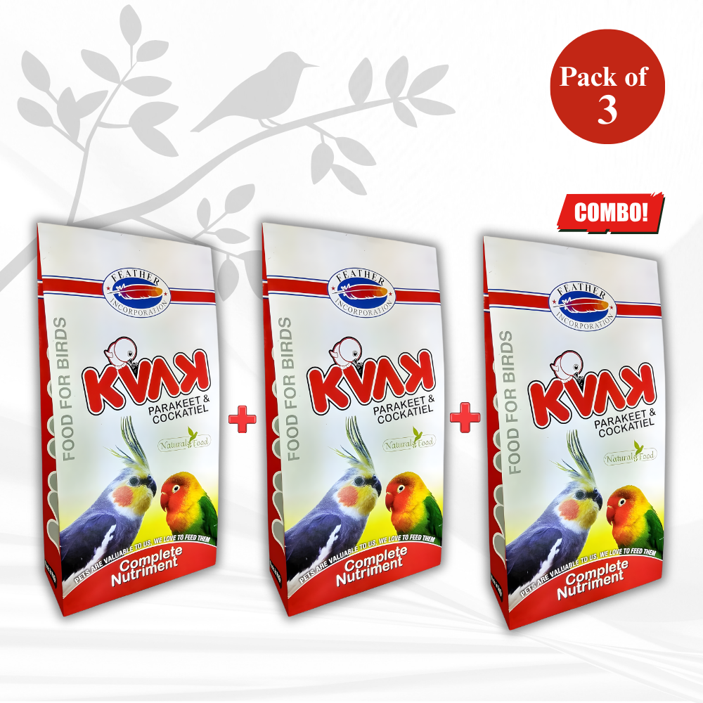 KVAK Parakeet and Cockatiel Bird Food Combo Pack of 3 Complete Nutriment Premium Bird Feed for Healthy Feathers and Strong Immunity