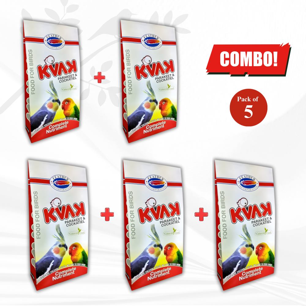 KVAK Parakeet and Cockatiel Bird Food Combo Pack of 5 Complete Nutriment Premium Bird Feed for Healthy Feathers and Strong Immunity